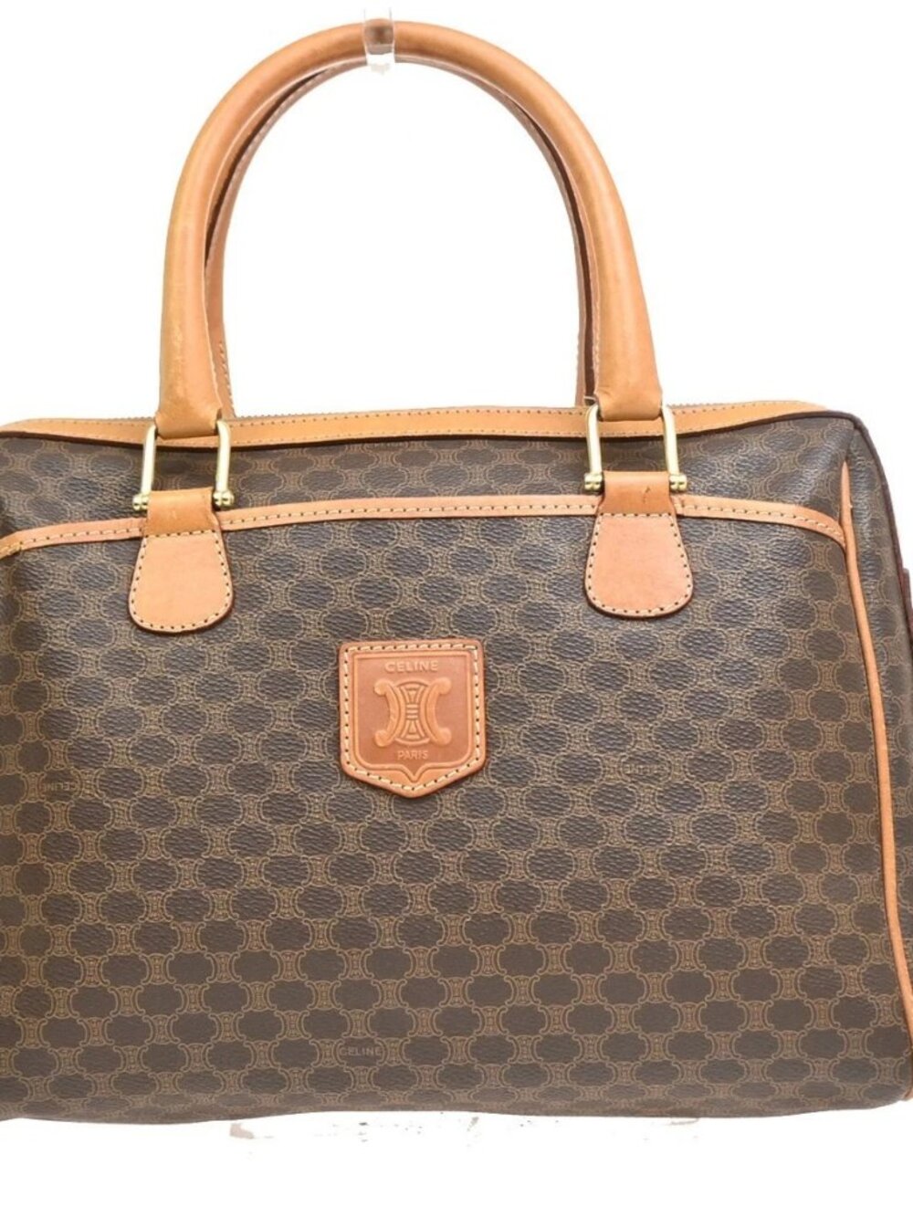 CELINE Logo Macadam Pattern Boston Hand Bag PVC Leather Brown GHW Italy 36KE225